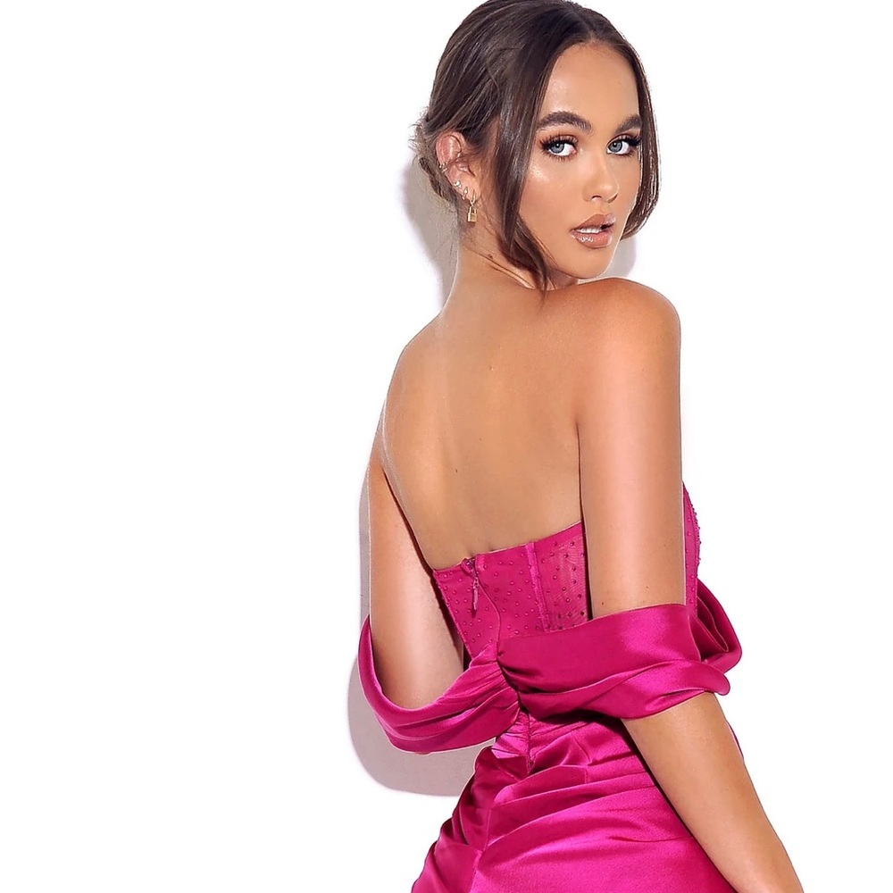 Darlene Fuchsia Off Shoulder Corset Satin Dress with Crystals